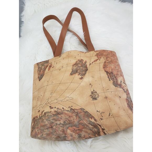 Faux Leather Map Atlas‎ Old Worlde Globe Bag Purse Overnight Tote Travel School - Picture 1 of 9